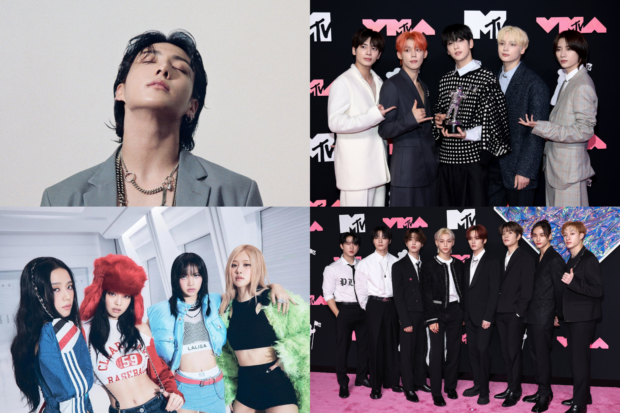 (From left) BTS' Jungkook, Tomorrow X Together or TXT, Blackpink, Stray Kids. Images: FILE PHOTOS, Twitter/@MTV