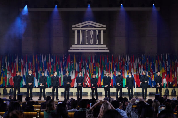 K-pop group Seventeen hosts a special session during the 13th UNESCO Youth Forum held at the UNESCO headquarters in Paris, France, on Tuesday. Image: Pledis Entertainment via The Korea Herald