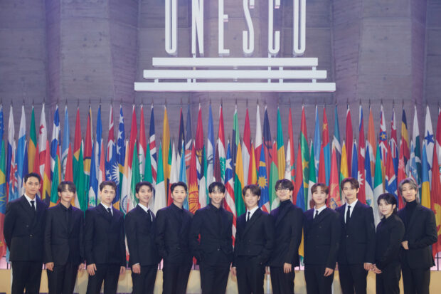 K-pop group Seventeen poses for a picture at UNESCO headquarters in Paris, France, on Tuesday. Image: Pledis Entertainment via The Korea Herald