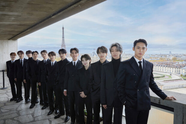 K-pop group Seventeen poses for a picture at UNESCO headquarters in Paris, France, on Tuesday. Image: Pledis Entertainment via The Korea Herald