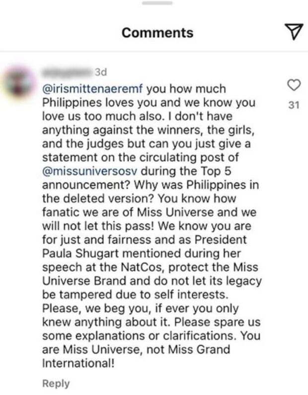 A netizen reached out to Miss Universe 2023 judge Iris Mittenaere | via IG