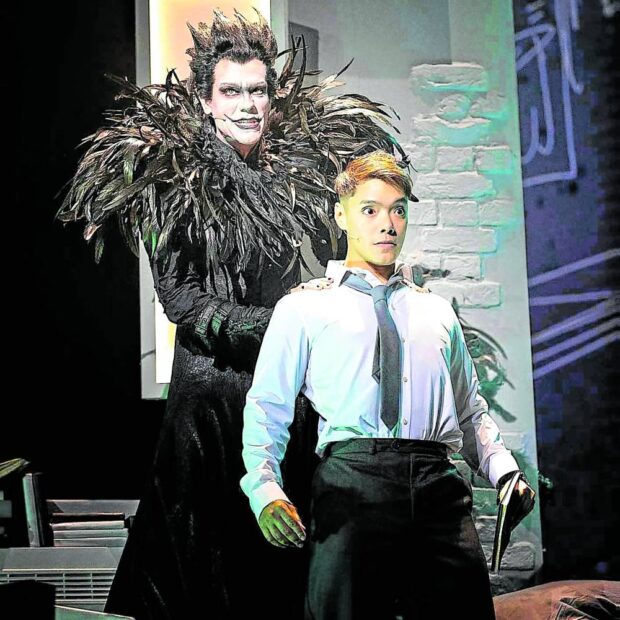 Valdes (right, as lead character Light Yagami) with Adam Pascal in “Death Note” 
—MARK SENIOR/
contributor
