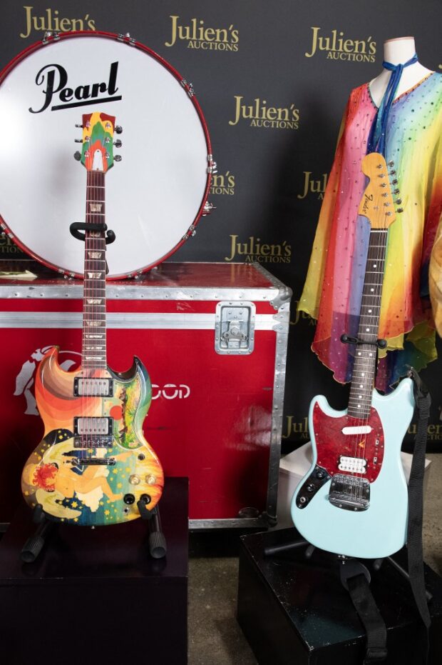 Eric Clapton’s Fool guitar (left) and Kurt Cobain’s Skystang I guitar are displayed at the media preview for Julien’s “Played, worn, torn rock’n’roll iconic guitars and memorabilia” in Gardena, California, on Oct. 10, 2023. 