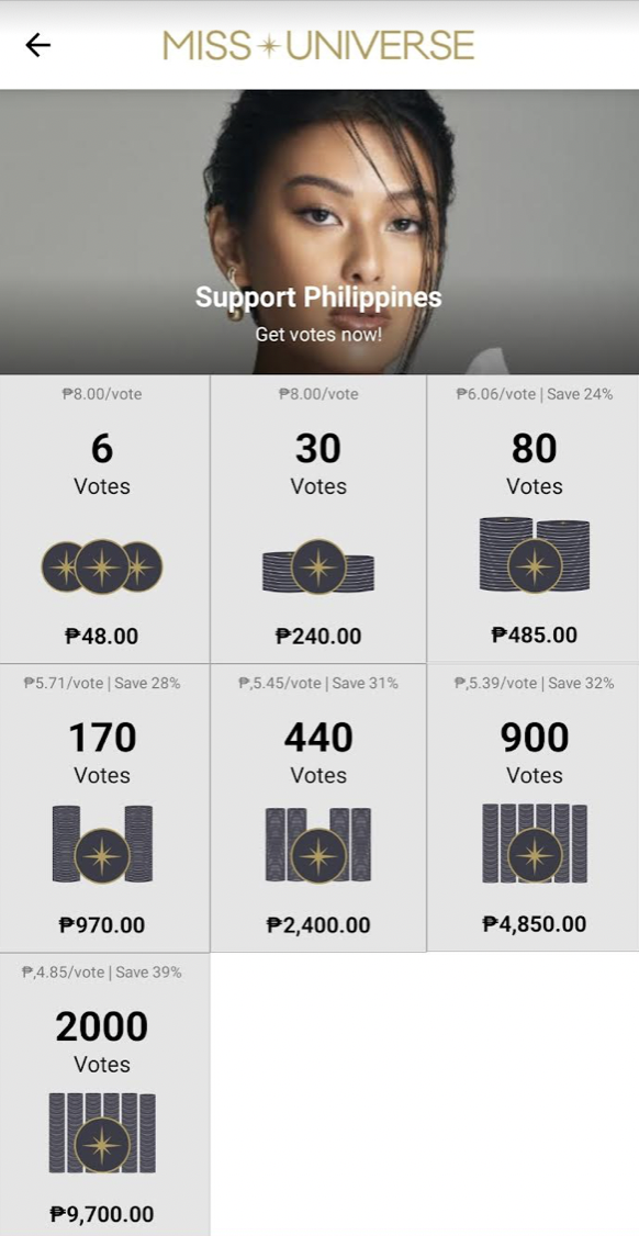 Miss Universe fan voting flash sale packages/SCREENSHOT FROM MISS UNIVERSE APP