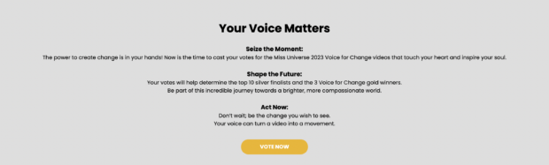 A screengrab from the official website of Miss Universe 2023's "Voice for Change" contest.