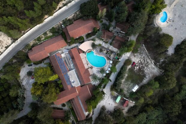 Aerial view of the Secret Forest spa hotel in the Cyprus mountains 