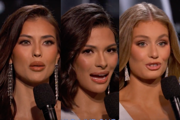 (From left) Thailand’s Anntonia Porsild, Miss Universe 2023 Sheynnis Palacios of Nicaragua,and Australia’s Moraya Wilson Victoria. Images: Screengrabs from YouTube/Miss Universe