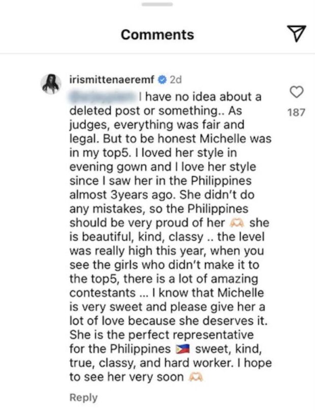 Miss Universe 2023 judge Iris Mittenaere response to the fan's query | via IG