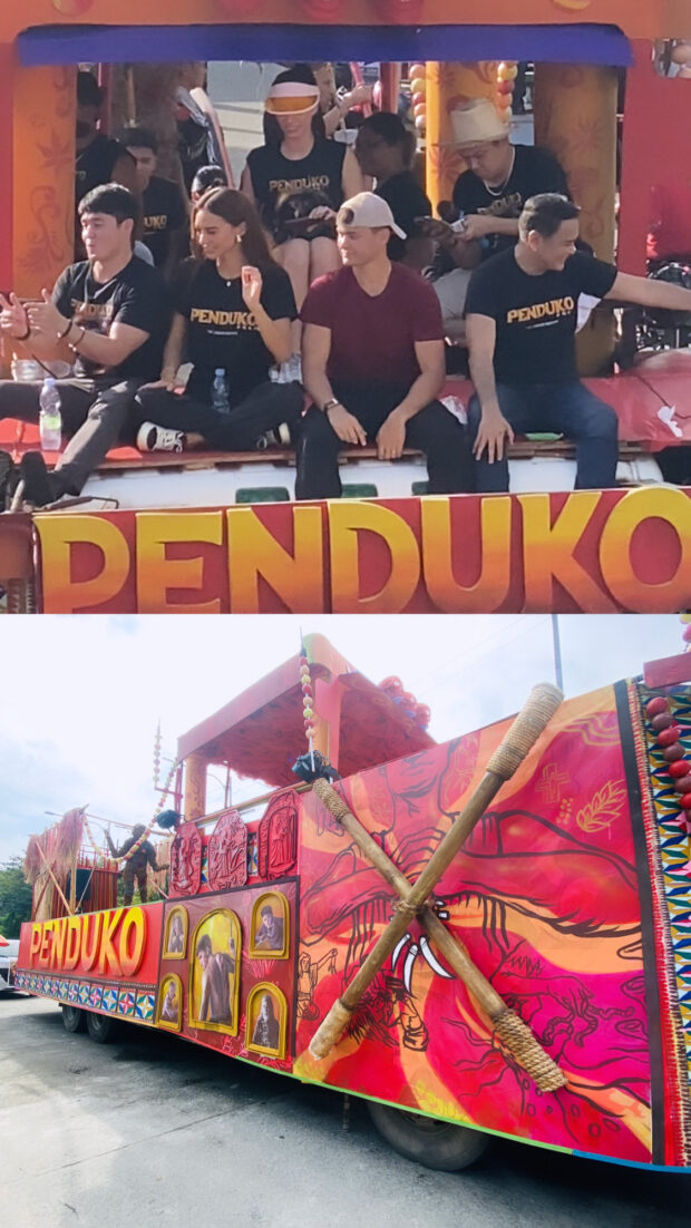 "Penduko," a tribal-inspired float with Matteo Guidicelli, Kylie Verzosa, and John Arcilla waving to onlookers. | Image: Jessica Ann Evangelista, INQUIRER.net