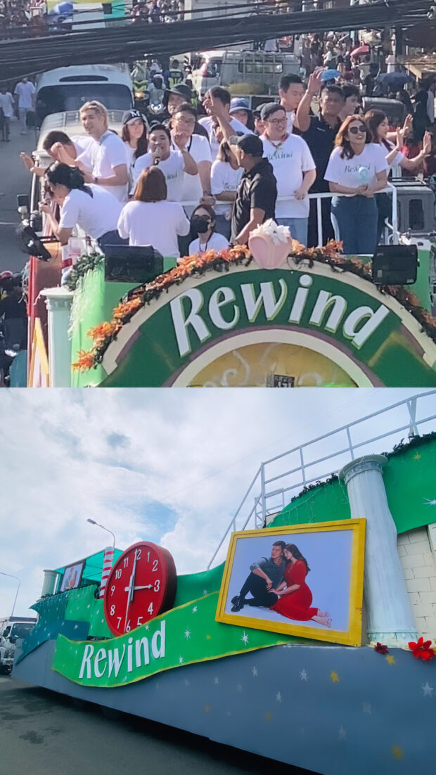 Marian Rivera, Dingdong Dantes, Joross Gamboa, Ina Faleo, and Via Antonio boarded their clock-based float for "Rewind." | Image: Jessica Ann Evangelista, INQUIRER.net