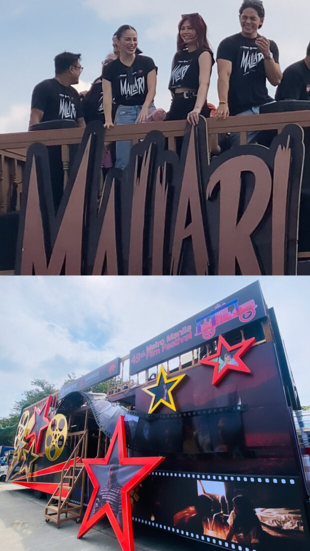 The dark-themed float of “Mallari” displayed images of their movie scenes; Janella Salvador and Elisse Joson assembled to head their float. | Image: Jessica Ann Evangelista, INQUIRER.net