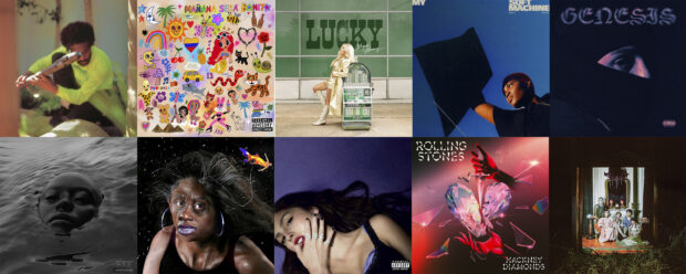 album art for, top row from left, “New Blue Sun” by Andre 3000, “Mañana Será Bonito” by Karol G, "Lucky" by Megan Moroney, "My Soft Machine " by Arlo Parks, "Genesis" by Peso Pluma, second row from left, "Raven" by Kelela, "Sundial" by Noname, "GUTS" by Olivia Rodrigo, "Hackney Diamonds" by The Rolling Stones and "Rat Saw God" by Wednesday