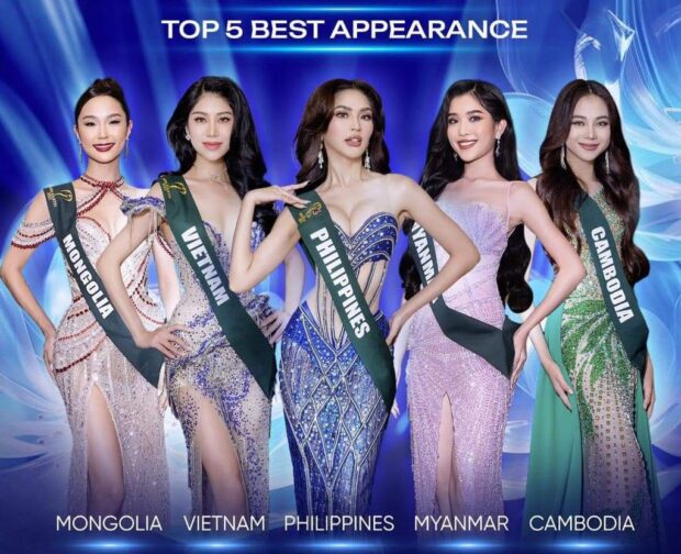 Miss Philippines Earth Yllana Marie Aduana (center) with (from left) Mongolia’s Munkhchimeg Batjargal, Vietnam’s Do Thi Lan Anh, Myanmar’s Soung Hnin San, and Cambodia’s Pouvjessica Tan/MISS EARTH FACEBOOK PHOTO