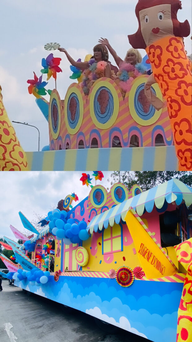 Eugene Domingo, Pokwang, and Romnick Sarmenta’s "Becky and Badette" vibrant themed float, displayed candies, clouds, and balloons. | Image: Jessica Ann Evangelista, INQUIRER.net