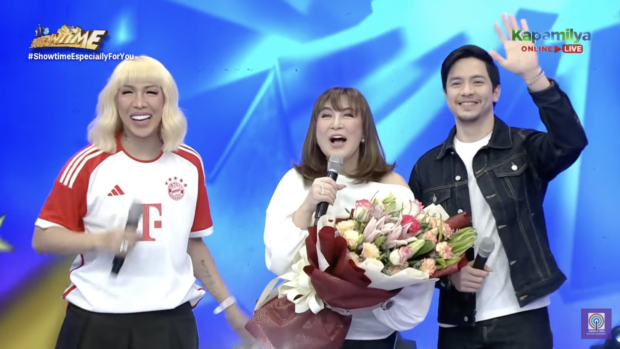 Vice Ganda with Sharon Cuneta and Alden Richards on "It's Showtime". Image from ABS-CBN Entertainment