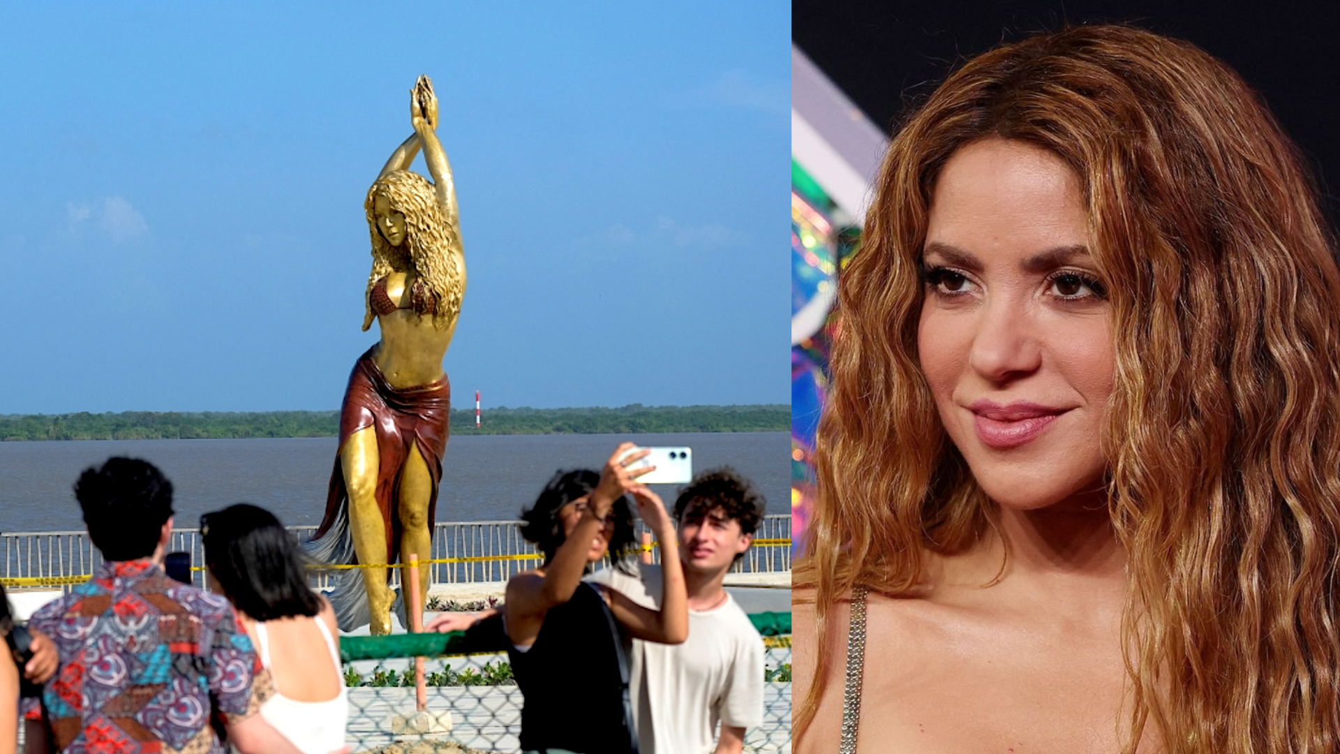 People pose for photos next to statue of Shakira at Gran Malecon in Barranquilla, Colombia.