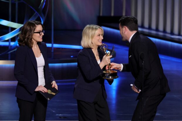 Elton John gets EGOT with Emmys winLOS ANGELES, CALIFORNIA - JANUARY 15: (L-R) Tina Fey and Amy Poehler present the Outstanding Variety Special (Live) award for "Elton John Live: Farewell from Dodger Stadium" to Gabe Turner onstage during the 75th Primetime Emmy Awards at Peacock Theater on January 15, 2024 in Los Angeles, California.   Kevin Winter/Getty Images/AFP (Photo by KEVIN WINTER / GETTY IMAGES NORTH AMERICA / Getty Images via AFP)