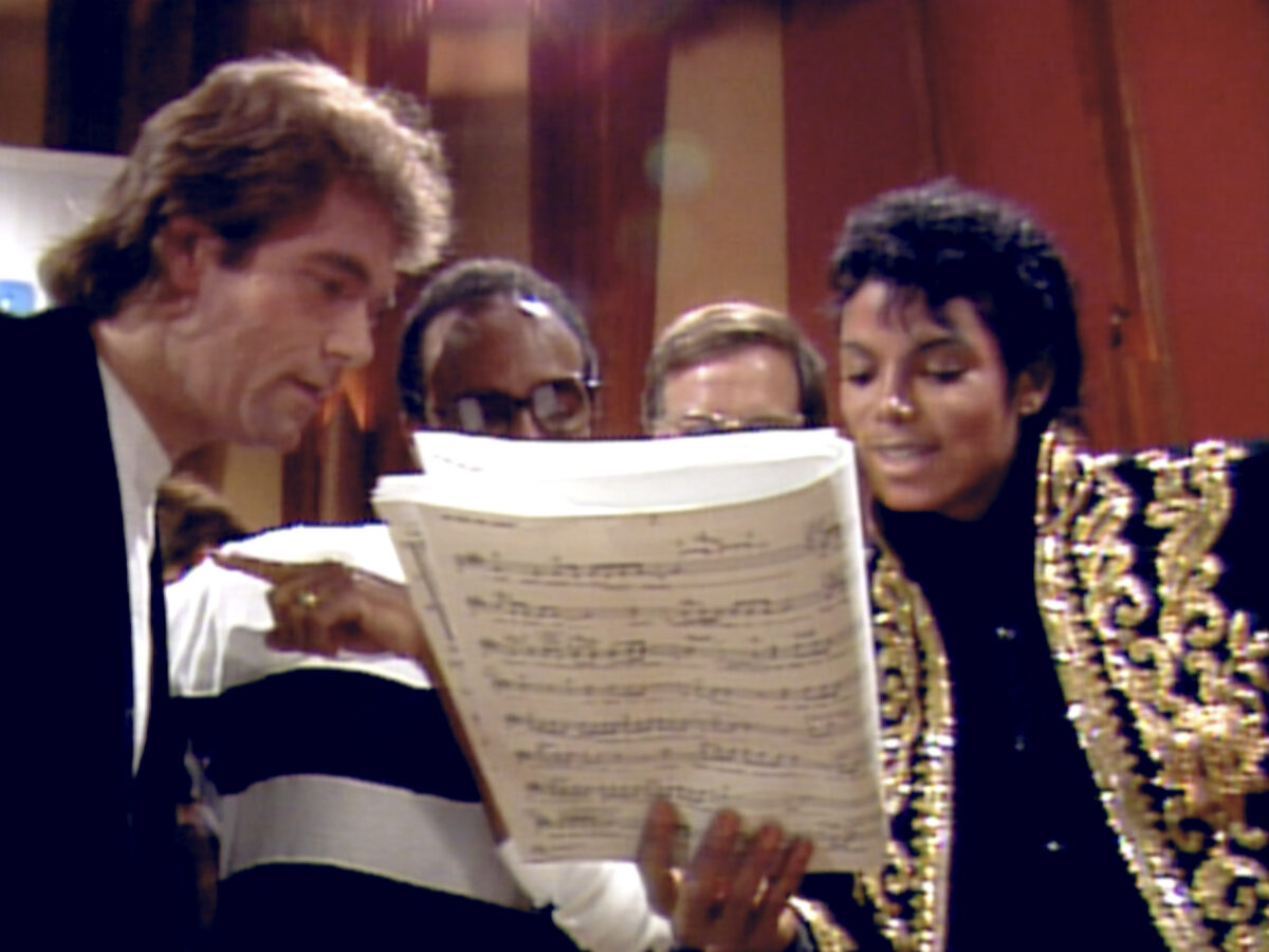 Huey Lewis (left), Quincy Jones and Michael Jackson (right)