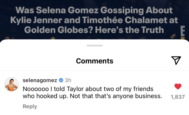 Selena Gomez's comment on E!News' IG post | Image: Instagram/Screenshot