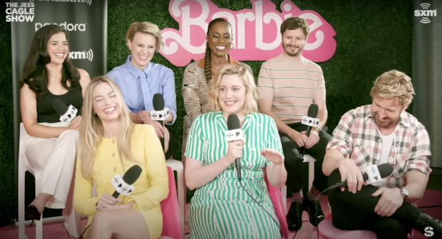 Ryan Gosling, Margot Robbie, and Greta Gerwig with the other cast members of "Barbie" | Image: YouTube/SiriusXM
