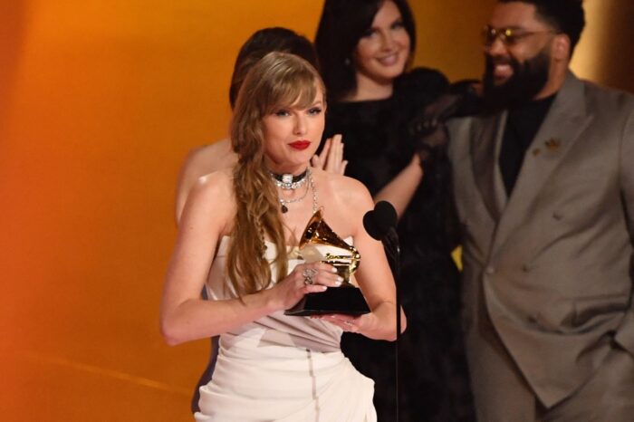 Taylor Swift accepts the Album Of The Year award for "Midnights" on stage during the 66th Annual Grammy Awards at the Crypto.com Arena in Los Angeles on Feb. 4, 2024. Image: Valerie Macon / AFP