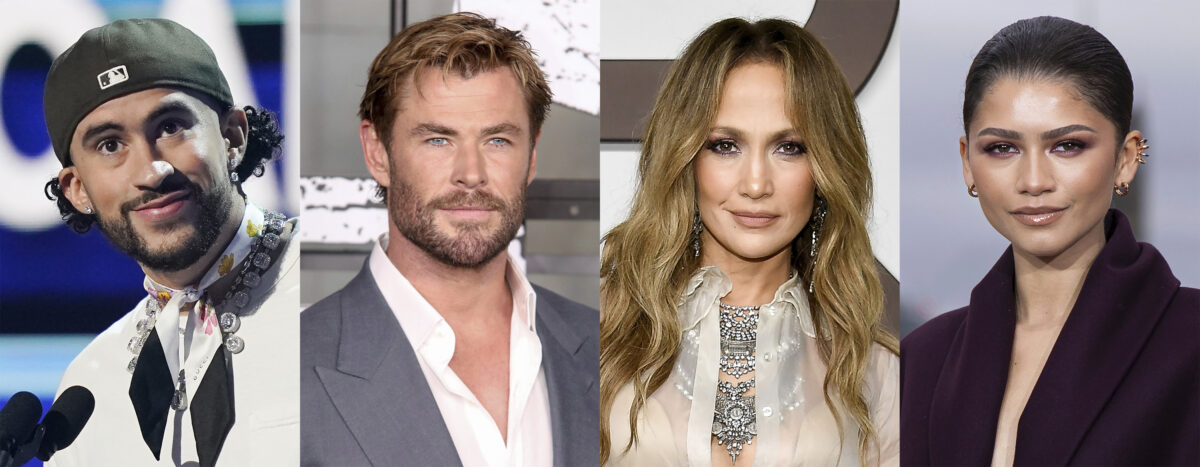 This combination of photos shows, from left, Bad Bunny, Chris Hemsworth, Jennifer Lopez and Zendaya, will join Anna Wintour as co-chairs of this year’s Met Gala. (AP Photo)
