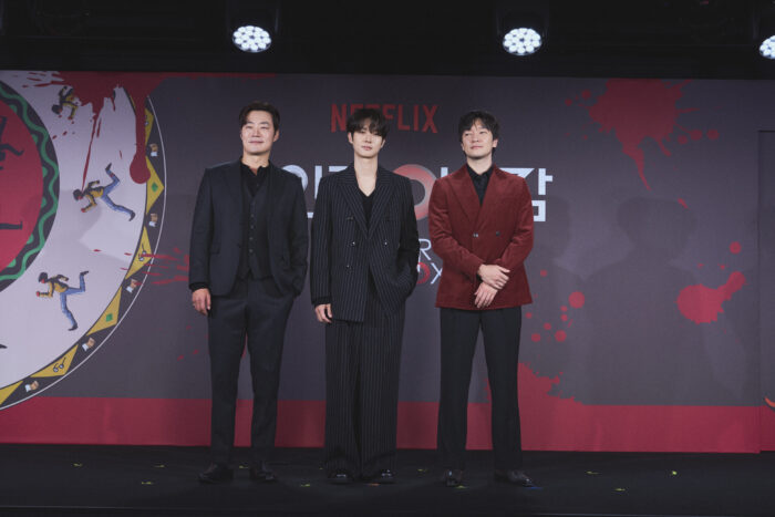 (From left) Lee Hee-jun, Choi Woo-shik, and Son Suk-ku in a press conference for "A Killer Paradox." Image: Courtesy of Netflix Korea
