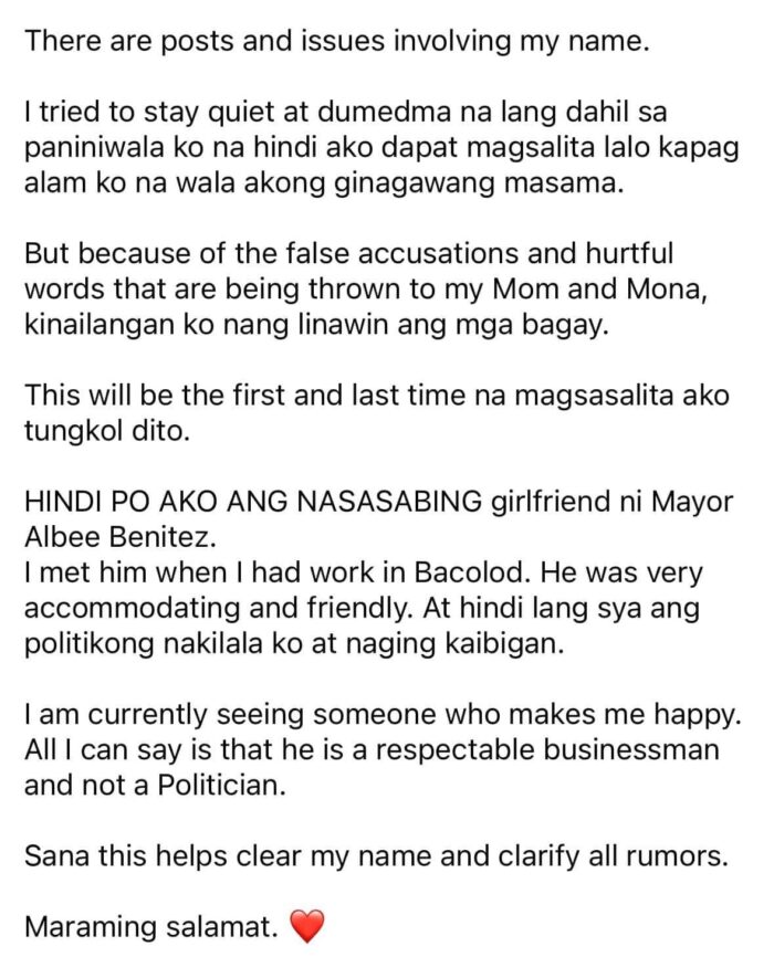 Ivana Alawi breaks her silence amid rumors linking her to Bacolod City Mayor Albee Benitez. Image: Facebook/Ivana Alawi