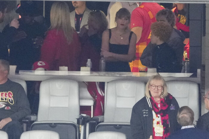 Recording arist Taylor Swift, looks on before Super Bowl LVIII