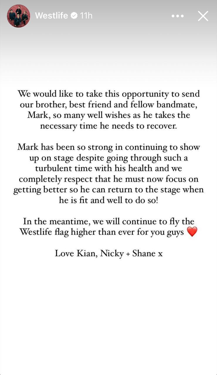 Westlife's Shane Filan, Kian Egan, and Nicky Byrne's statement on Mark Feehily's career break announcement | Image: Facebook/Westlife