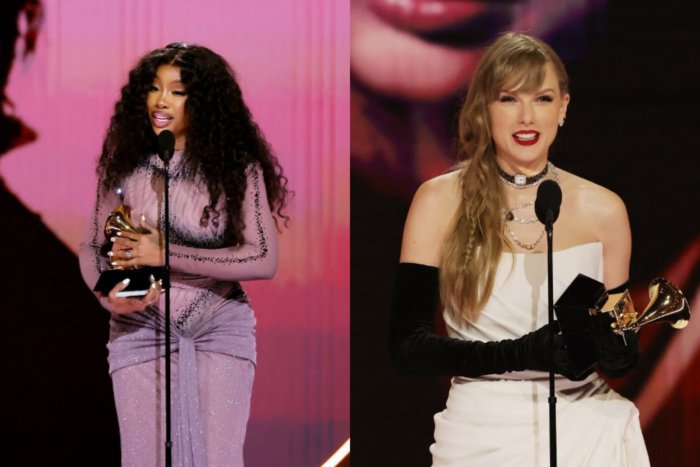 (From left) Sza and Taylor Swift accept their trophies at the Grammy Awards 2024. Images: Kevin Winter/Getty Images for The Recording Academy/AFP 