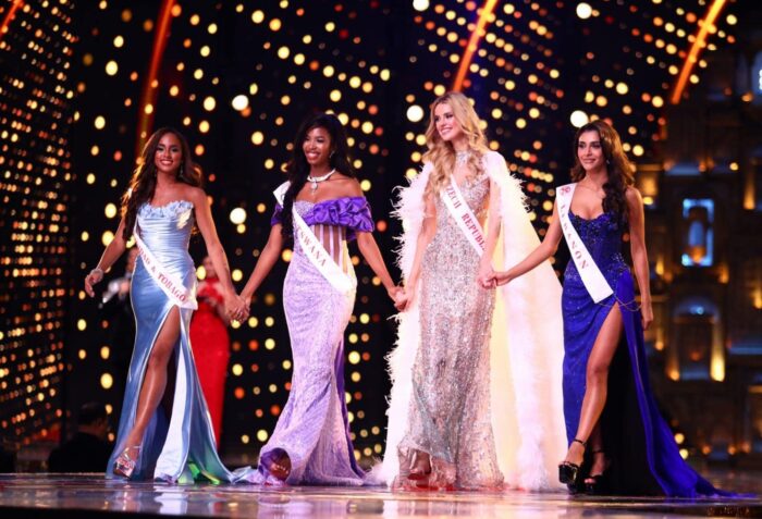 TRANSCRIPT: Miss World 2024 Top 4 Q&A segment.The final four candidates of Miss World, including reigning titleholder Krystyna Pyszková from Czech Republic (third from left). Image: Facebook/Miss World