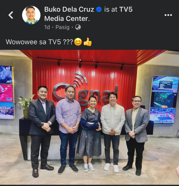"Wowowin," the game show of Willie Revillame (4th from left) is rumored to come back on TV5 after he was seen at the TV5's headquarters with the network's executives. Image: Facebook/Buko Dela Cruz