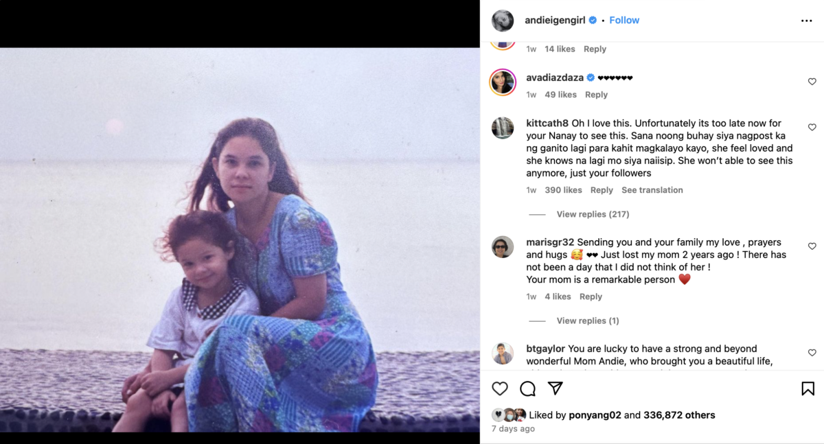 A screenshot of Andi Eigenmann's Instagram post with her mother Jaclyn Jose. On the right is the comment section of her post.