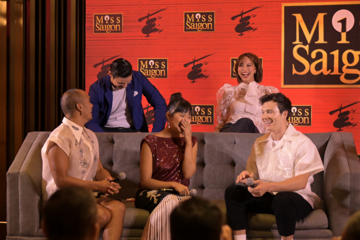 (From left) Seann Miley Moore, Laurence Mossman, Abigail Adriano, Kiara Dario, and Nigel Huckle during a "Miss Saigon" media call. Image: Courtesy of GMG Productions 