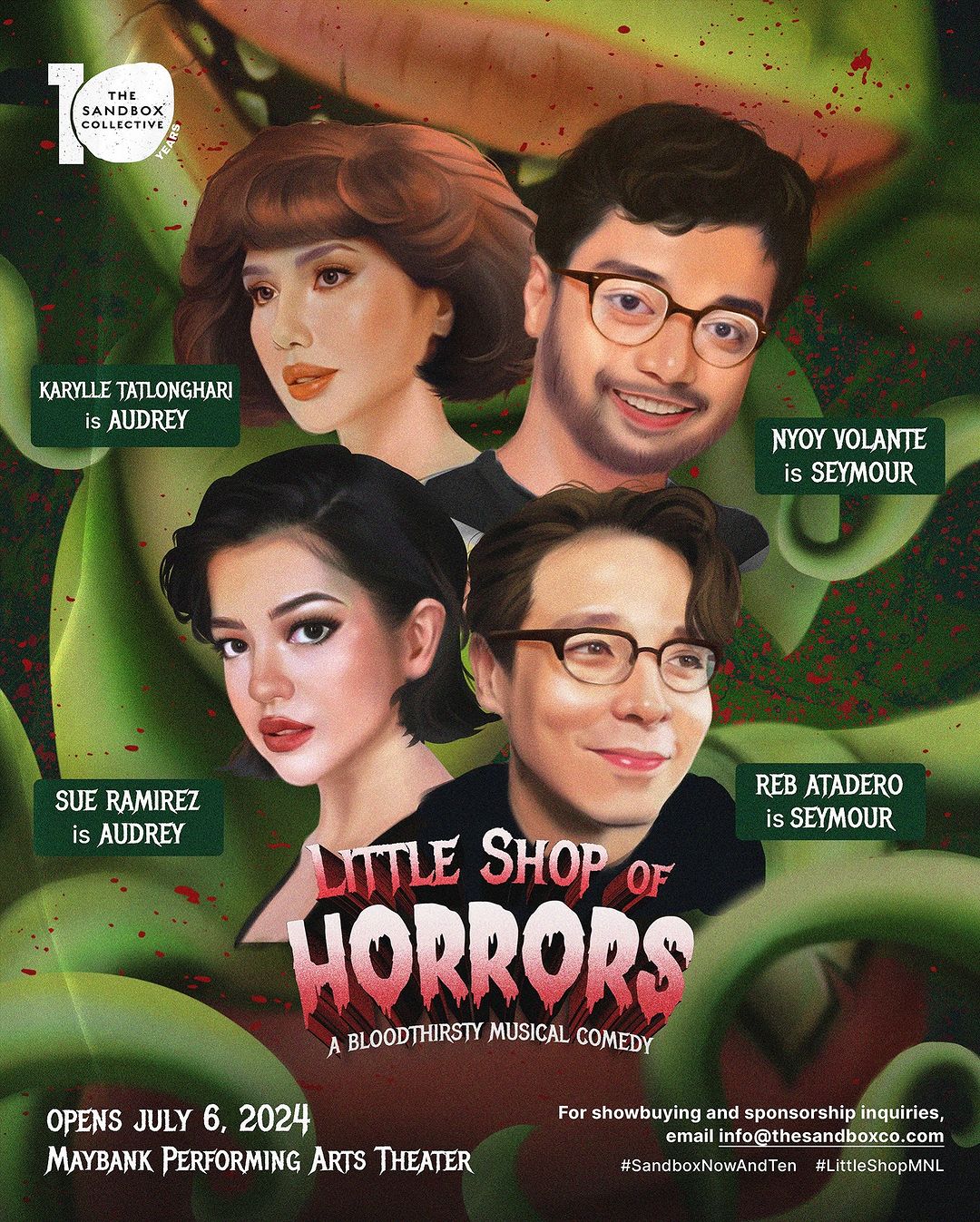 Karylle, Sue Ramirez, Nyoy Volante, and Reb Atadero headline Manila run of 'Little Shop of Horrors' | Image: Instagram/@thesandboxco