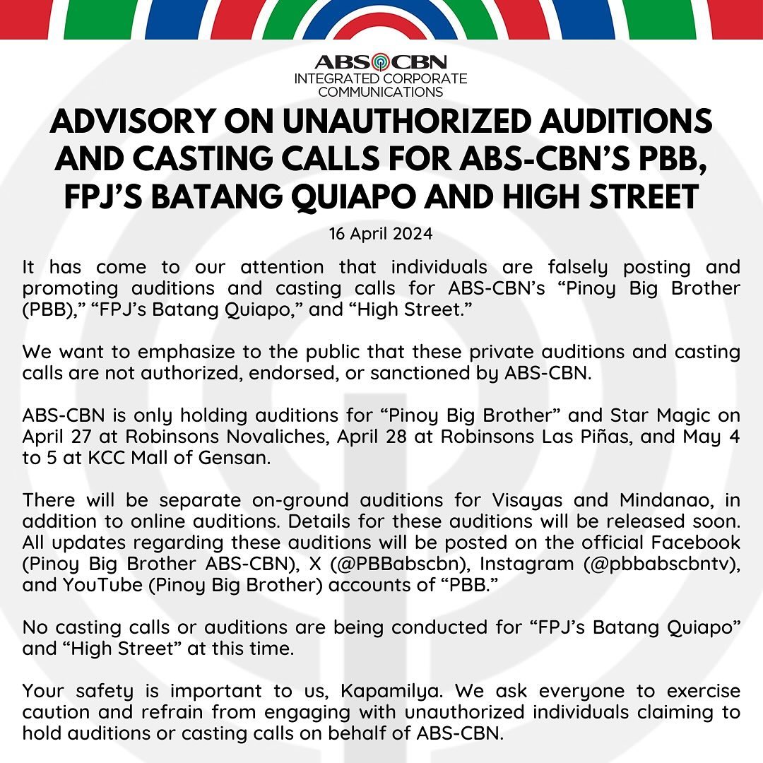 ABS-CBN warns vs fake auditions for 'Batang Quiapo,' 'PBB,' 'High Street' | Image: Instagram/@abscbnpr