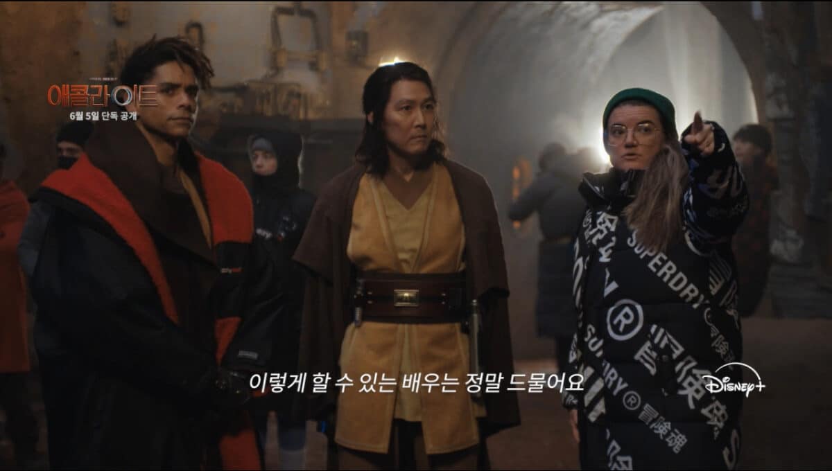 A screen capture from special footage of "The Acolyte," starring Lee Jung-jae (middle) and Leslye Headland (right). Image: Disney Korea via The Korea Herald