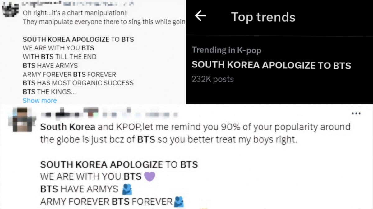 Captured images of X posts which demand the South Korean government to apologize to BTS. Image: Screenshots from X