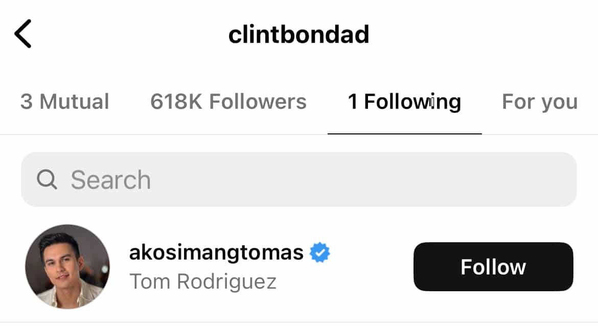 Clint Bondad follows only Tom Rodriguez on Instagram, intrigues fans