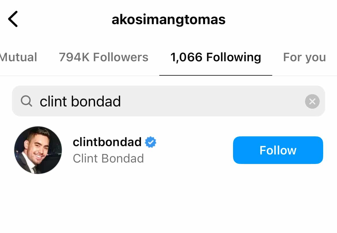 Clint Bondad follows only Tom Rodriguez on Instagram, intrigues fans