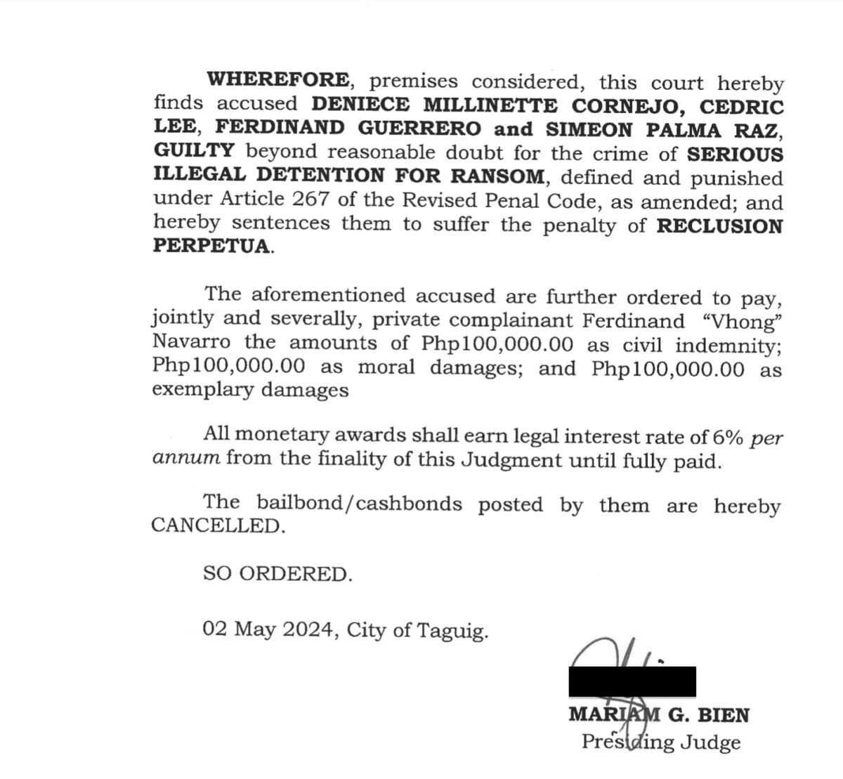 An excerpt of the Taguig RTC's ruling on Vhong Navarro's case.