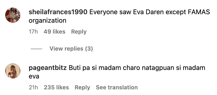Charo Santos praised for 'locating' Eva Darren at FAMAS night