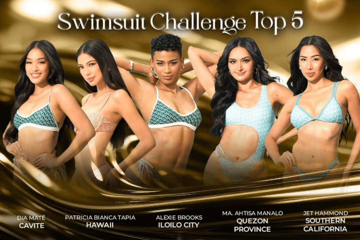 Swimsuit Challenge Top 5 (from left) Dia Maté, Patricia Bianca Tapia, Alexie Mae Brooks, Ma. Ahtisa Manalo, and Jet Hammond. Image: Facebook/Miss Universe Philippines