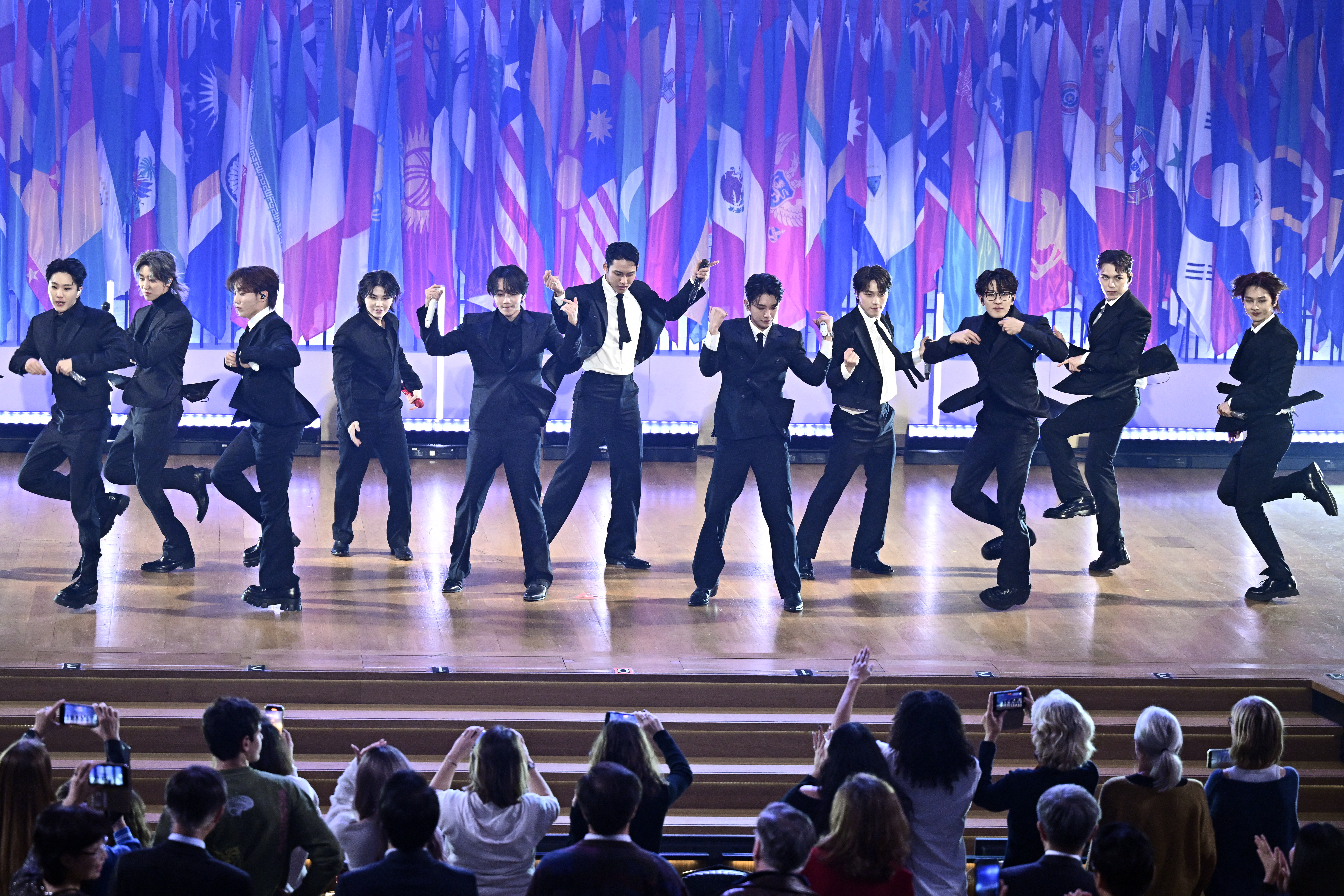 South Korean K-POP boy band "Seventeen" performs on stage at the UNESCO headquarters in Paris on November 14, 2023. 