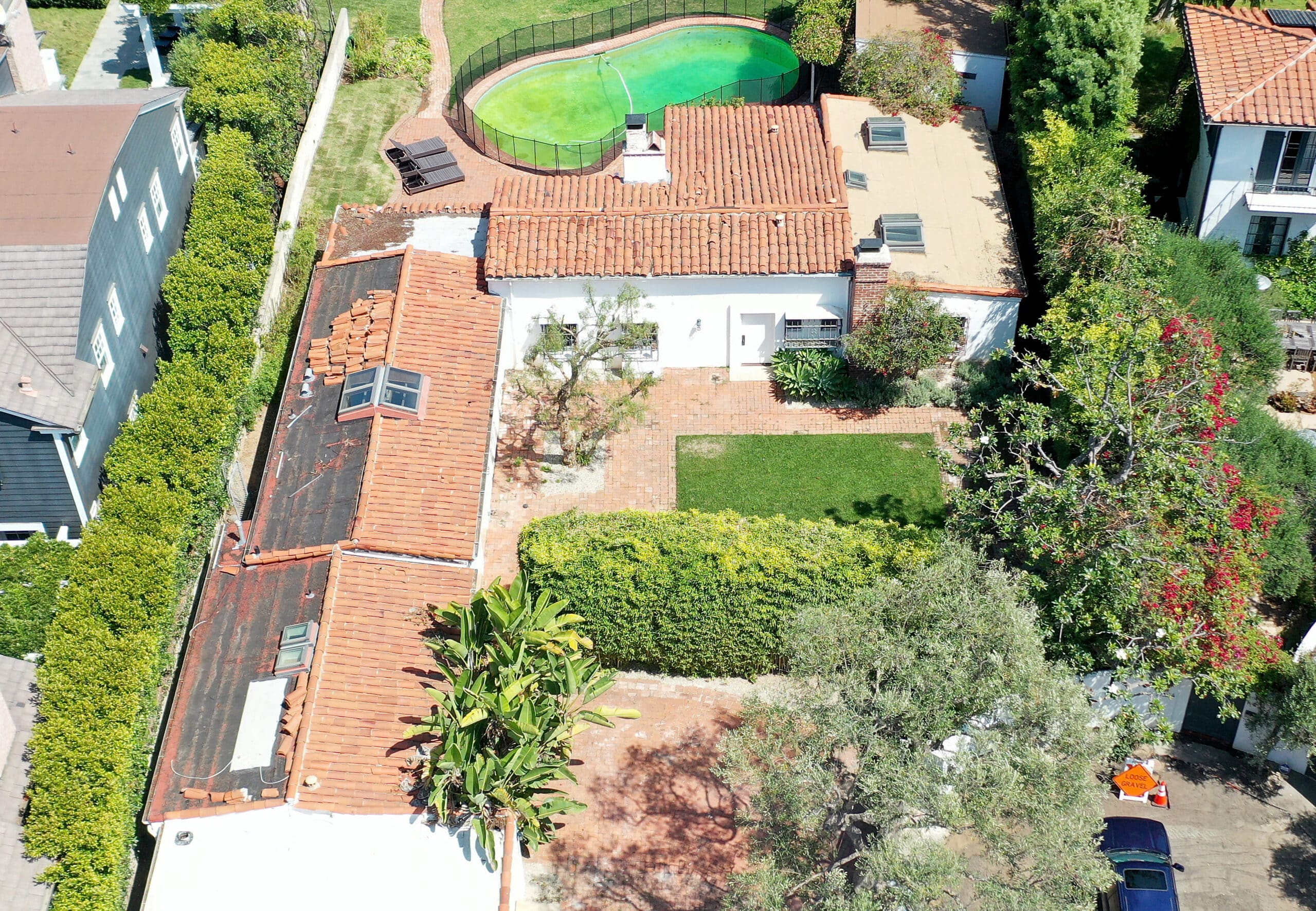 An aerial view of Marilyn Monroe's final home in the Brentwood neighborhood on September 14, 2023 in Brentwood, California. The Spanish Colonial-style hacienda, where Monroe died in her bedroom of a drug overdose at age 36, is likely to be saved from demolition after the L.A. City Council voted unanimously to start a process designating the house as a historic monument.