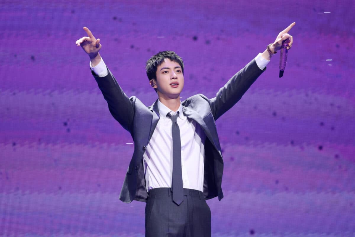 Jin of BTS greets fans during a fan meeting event at Jamsil Arena in Seoul on Thursday. Image: BigHit Music via The Korea Herald