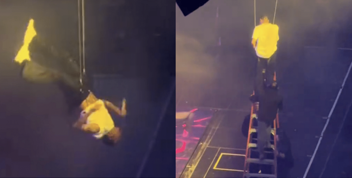 WATCH: Chris Brown gets stuck in mid-air performance, rescues by staff