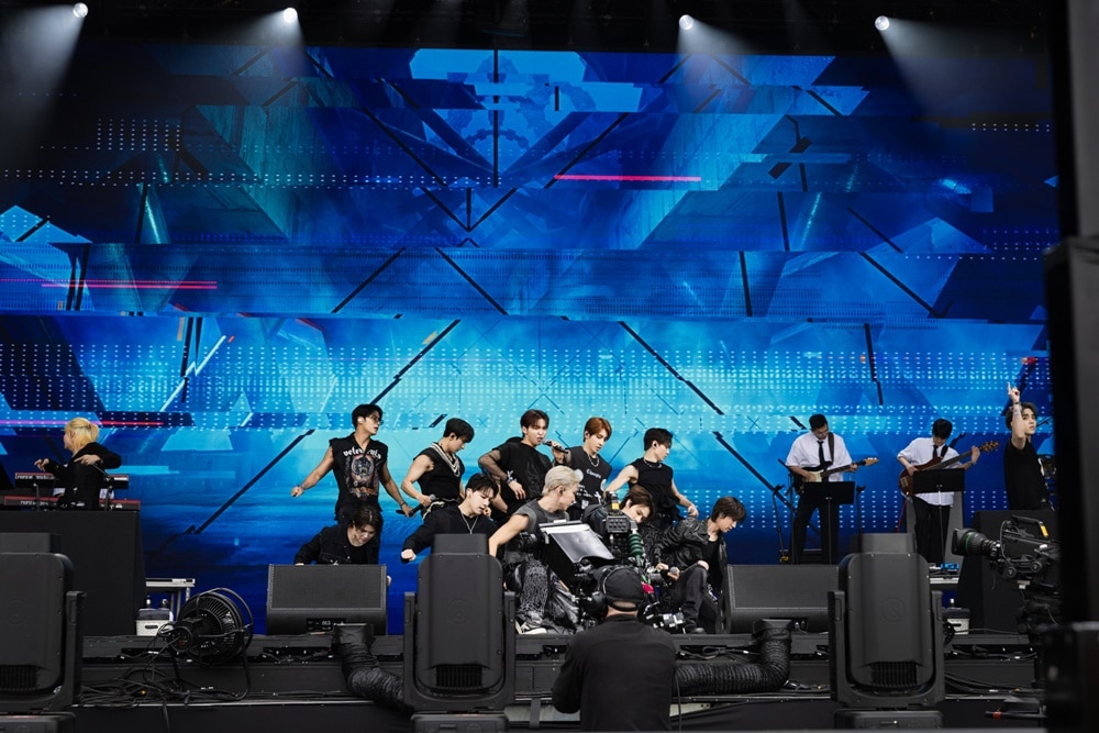 Seventeen perform to their songs on the main Pyramid Stage at the Glastonbury Festival in Somerset, the United Kingdom, on Friday, local time. Image: Pledis Entertainment via The Korea Herald