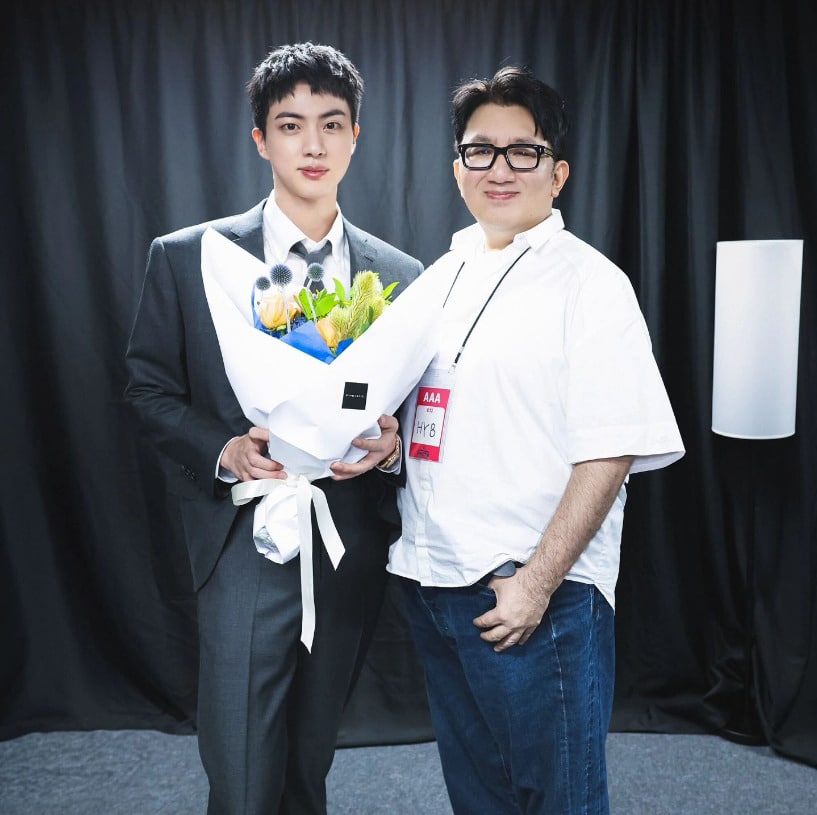 Jin of BTS (left) and HYBE chairman Bang Si-hyuk pose at the backstage of 2024 Festa held in Seoul, on June 13. Image: Bang's Instagram account